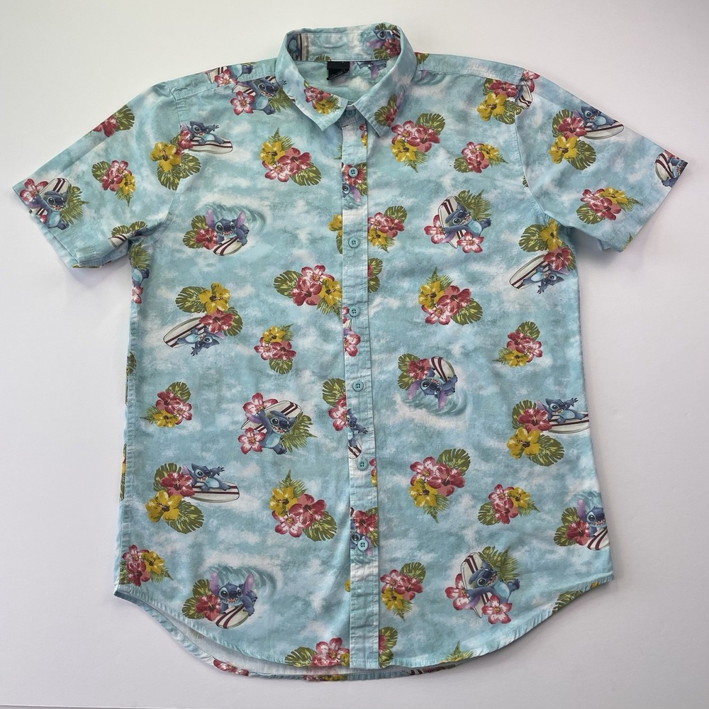 Disney Stitch Hawaiian Camp Shirt Men's Small Blue Button Up Lilo Surfing Floral